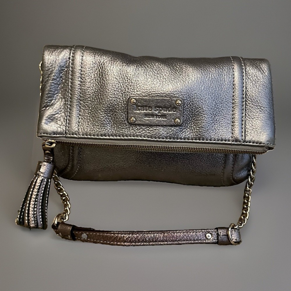 Kate Spade New York Metallic Leather Pewter Bag Shoulder Chain Strap/clutch Y2k